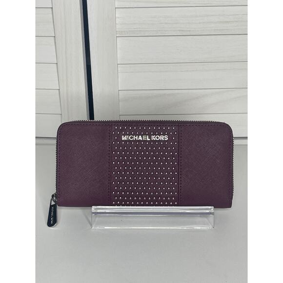 Michael Kors Burgundy with Silver beading Zip Around Continental Wallet - Picture 1 of 8